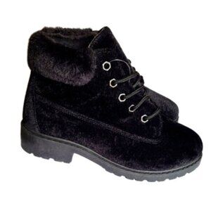 Youth Girls Black Faux Suede Fur Cuff Lace Up Ankle Snow Fashion Boots Size 3